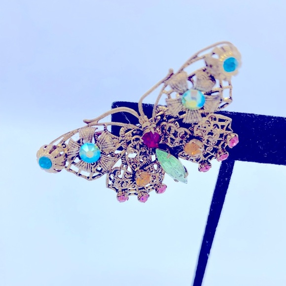 Vintage Brass Filigree And Rhinestone Butterfly Brooch Circa 40’s -60’s - Picture 6 of 7